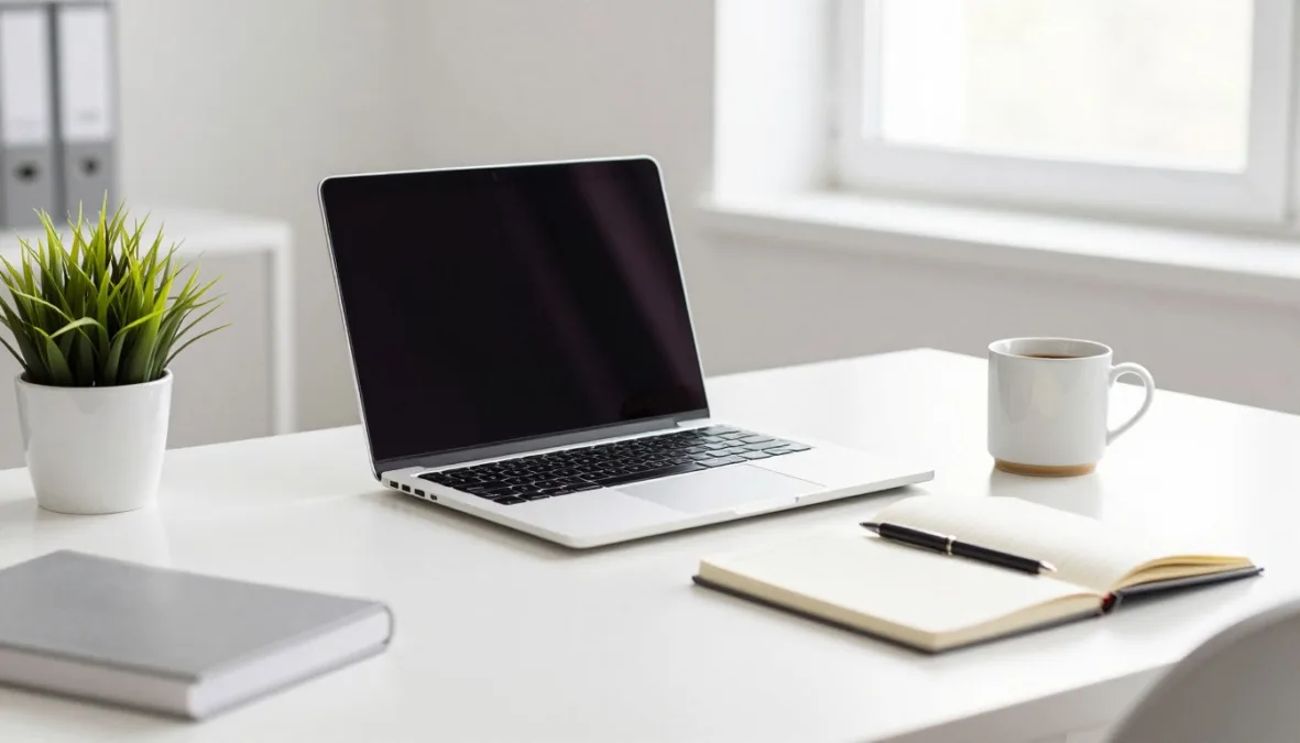 A professional workspace with a laptop displaying clean email marketing software interface