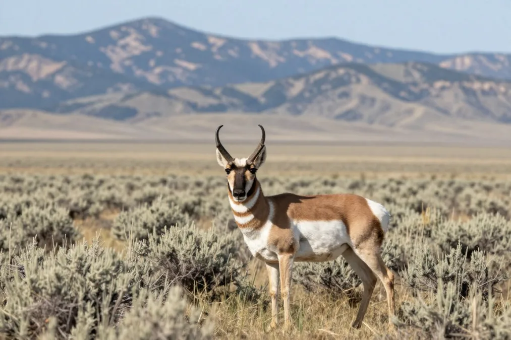 A pronghorn buck grazing on the vast western plains of North America