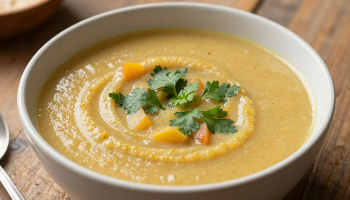 A pureed vegetable soup in a white bowl with soft herbs A pureed vegetable soup in a white bowl with soft herbs