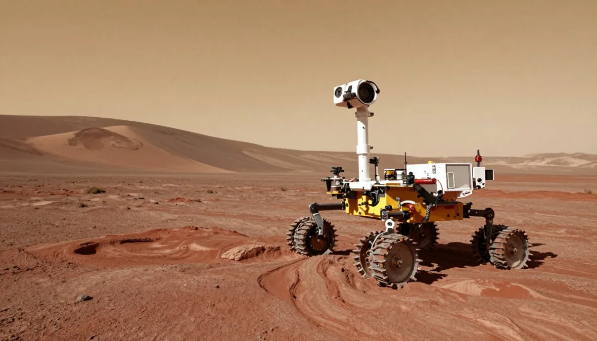 A robotic rover examining sedimentary rock layers on a dry, red planetary surface