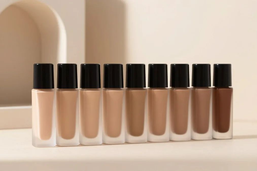 A row of frosted liquid foundation glass bottles standing upright in subtle gradation of complexion tones A row of frosted liquid foundation glass bottles standing upright in subtle gradation of complexion tones