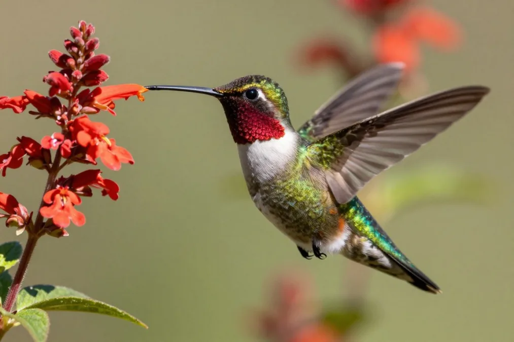 A ruby-throated hummingbird hovering beside a red tubular wildflower