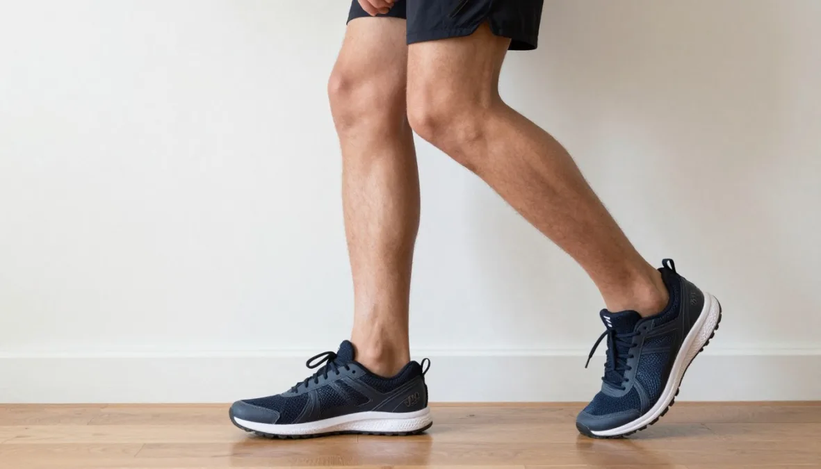 A runner stretching the calf against an indoor wall with heel grounded