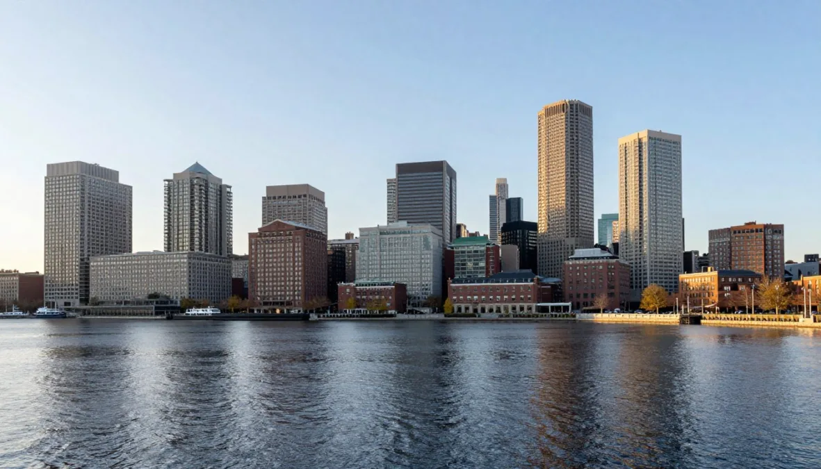 A scenic view of the Boston skyline across the Charles River on a clear day