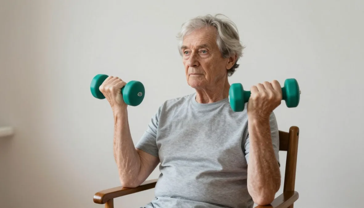 A senior curling light weights upward toward the shoulders while seated A senior curling light weights upward toward the shoulders while seated