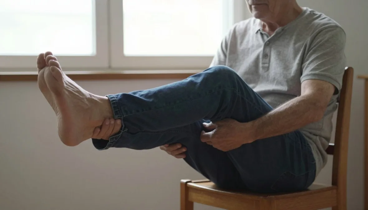 A senior holding an upright posture while lifting one knee in a controlled pose A senior holding an upright posture while lifting one knee in a controlled pose