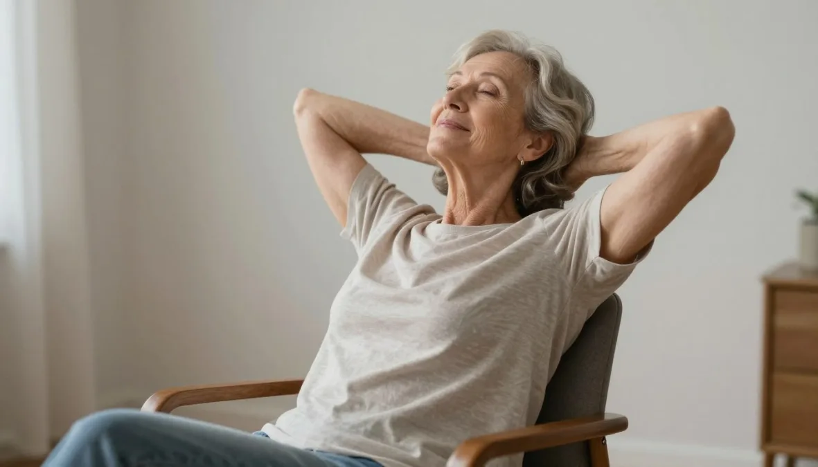 A senior performing gentle backward shoulder rolls while sitting in an armchair A senior performing gentle backward shoulder rolls while sitting in an armchair