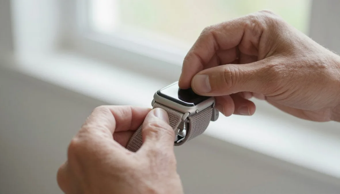 A senior person comfortably fastening a soft nylon watch strap around their wrist A senior person comfortably fastening a soft nylon watch strap around their wrist