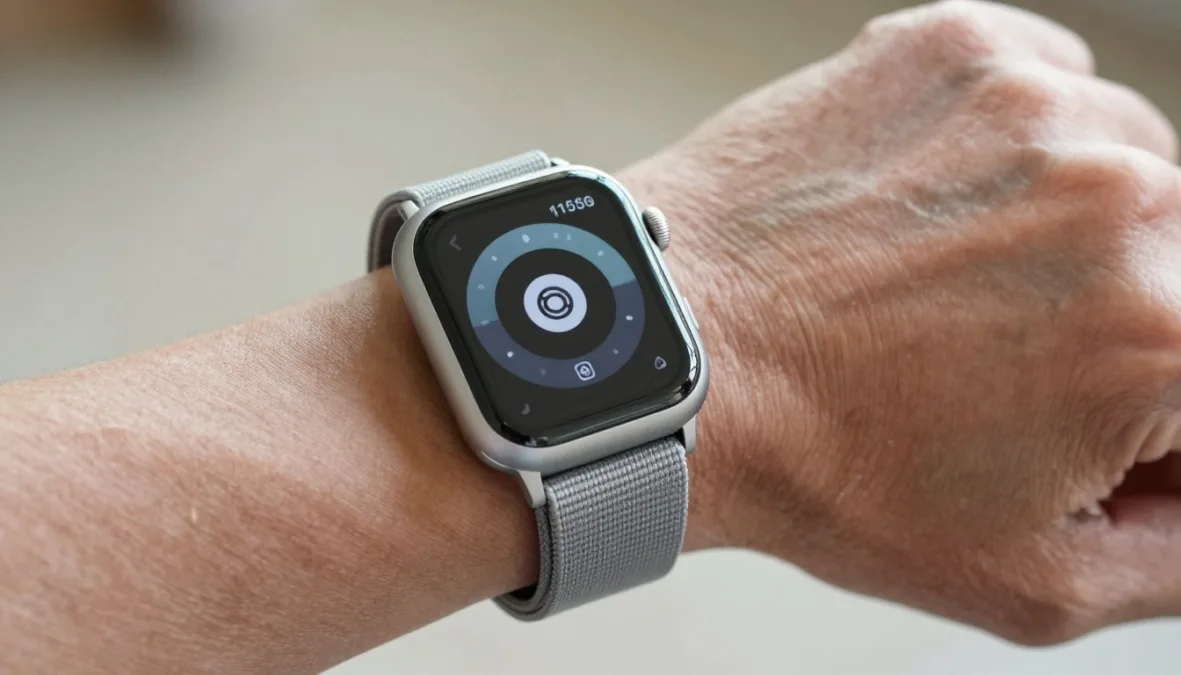 A silver smartwatch on a senior adult wrist displaying an emergency contact button A silver smartwatch on a senior adult wrist displaying an emergency contact button