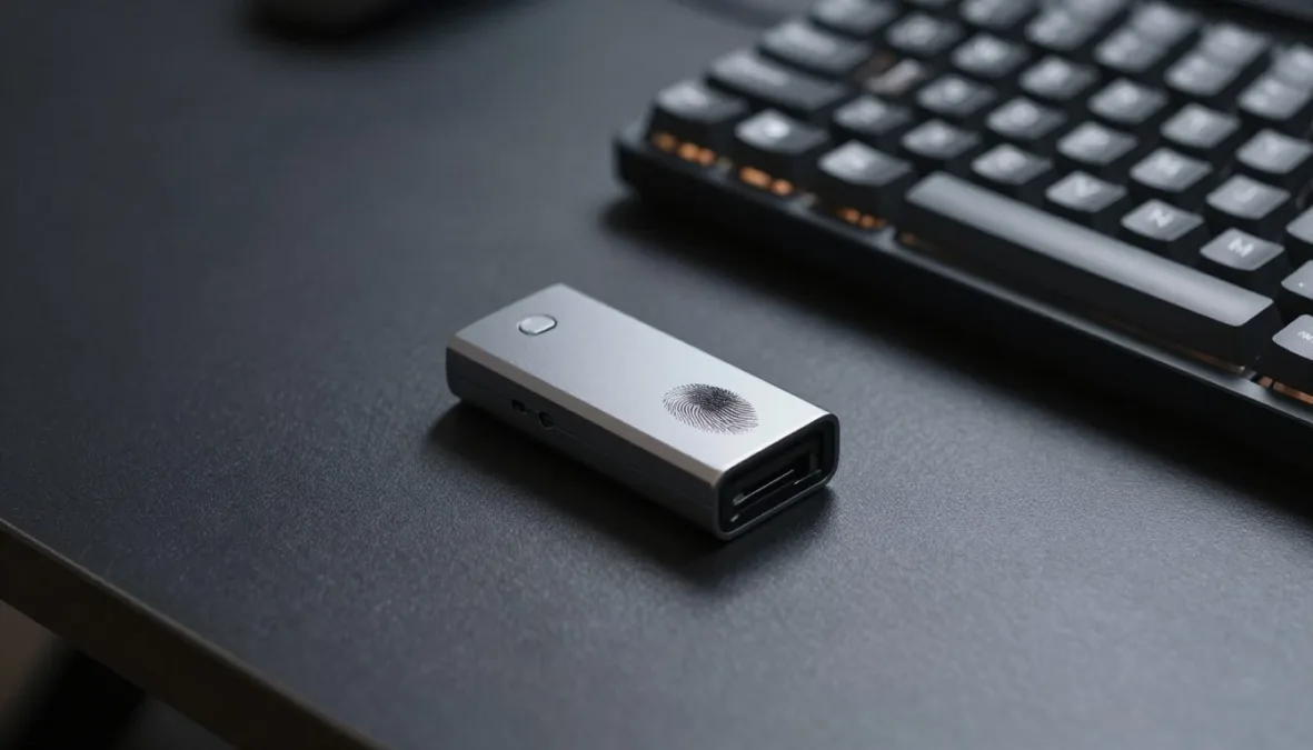 A sleek computer workstation with a fingerprint reader module attached near the keyboard A sleek computer workstation with a fingerprint reader module attached near the keyboard