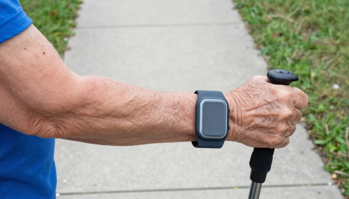 A slim fitness tracker band on a wrist during a morning walk on a suburban sidewalk