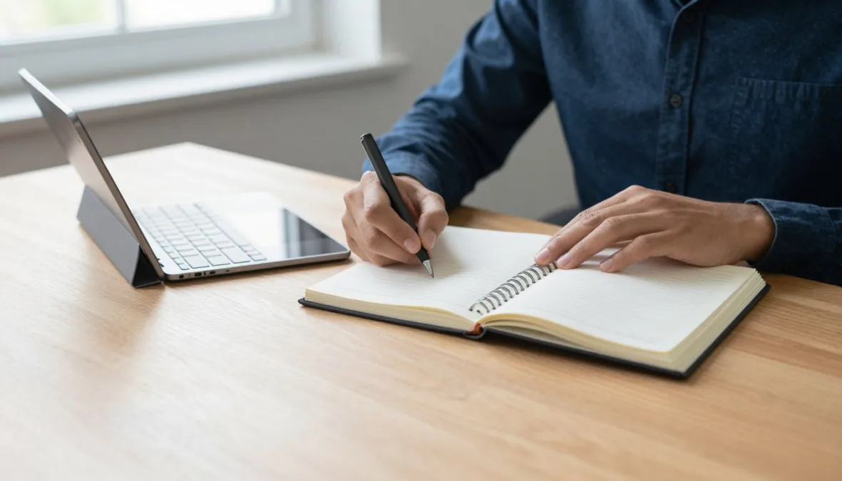A small-business owner planning marketing initiatives with a tablet and notebook