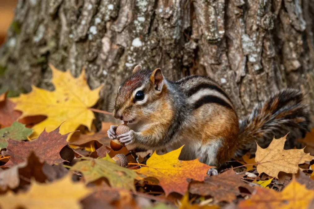 A small chipmunk foraging among fallen autumn leaves on a forest floor