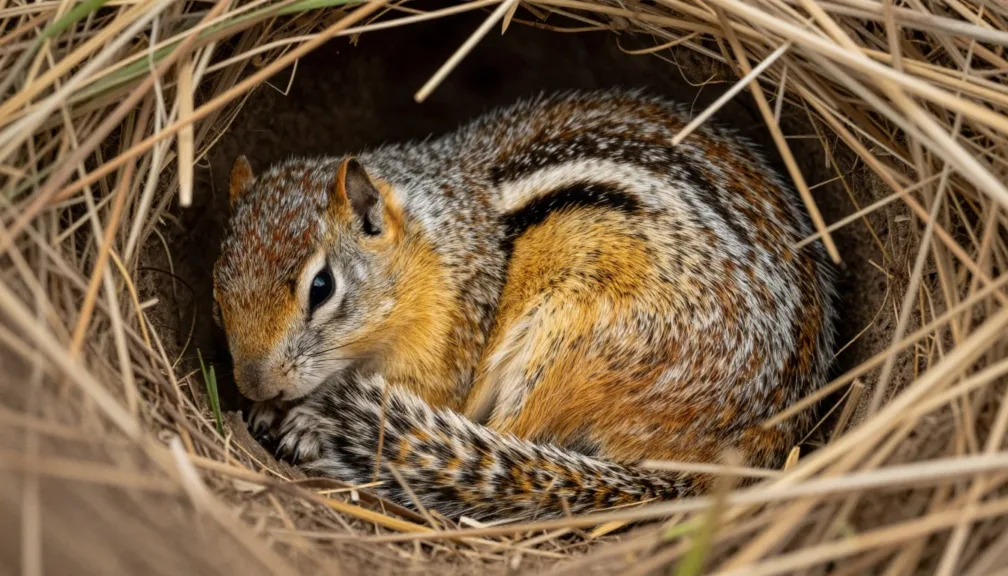 A small furry mammal curled up asleep in a protected winter den
