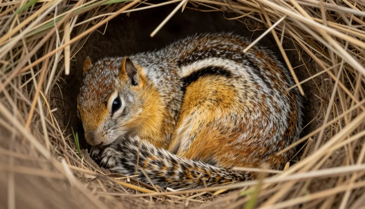 A small furry mammal curled up asleep in a protected winter den