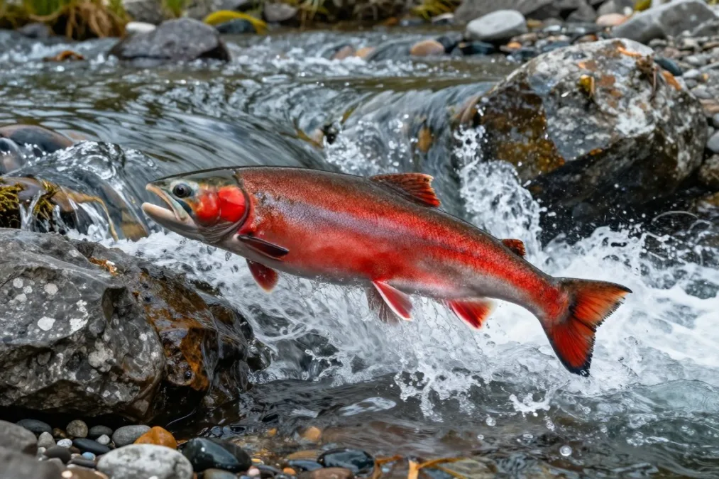A sockeye salmon swimming upstream against a rushing freshwater river current