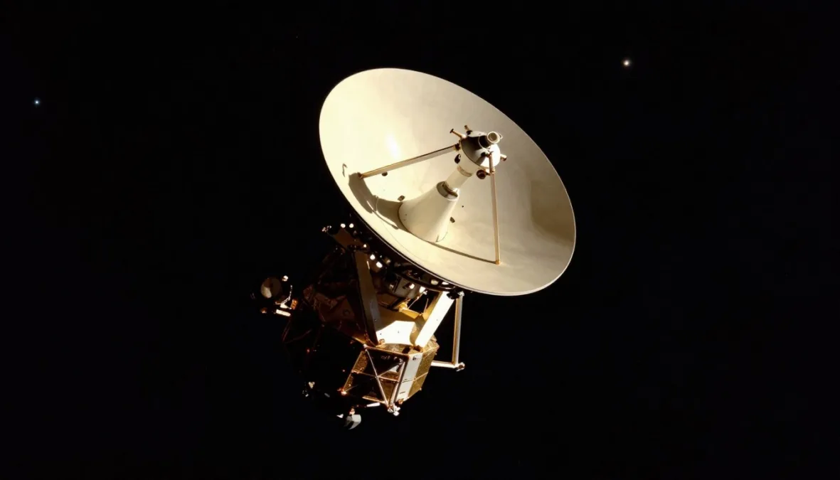 A solitary space exploration probe traveling into the dark reaches of interstellar space