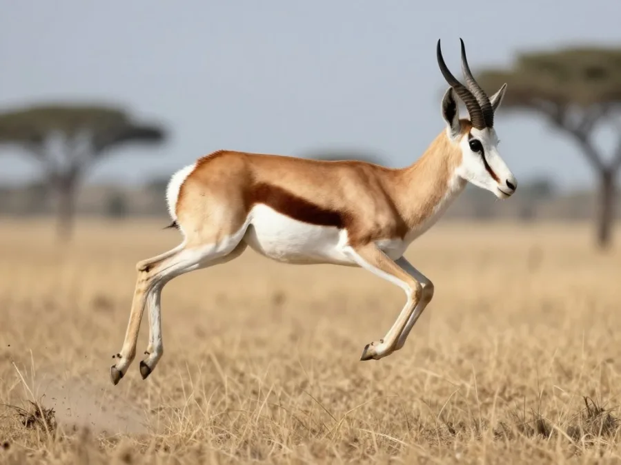 A springbok bounding through open grasslands A springbok bounding through open grasslands