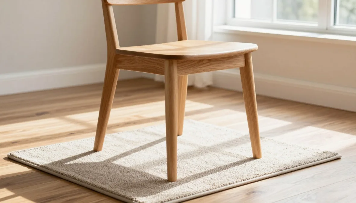 A sturdy four-legged wooden chair placed on a non-slip floor mat beside a bright window A sturdy four-legged wooden chair placed on a non-slip floor mat beside a bright window