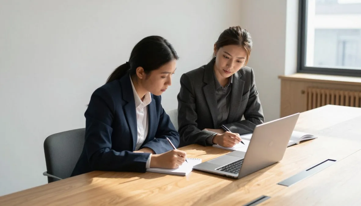 A team of professionals collaborating around a conference table with open laptops
