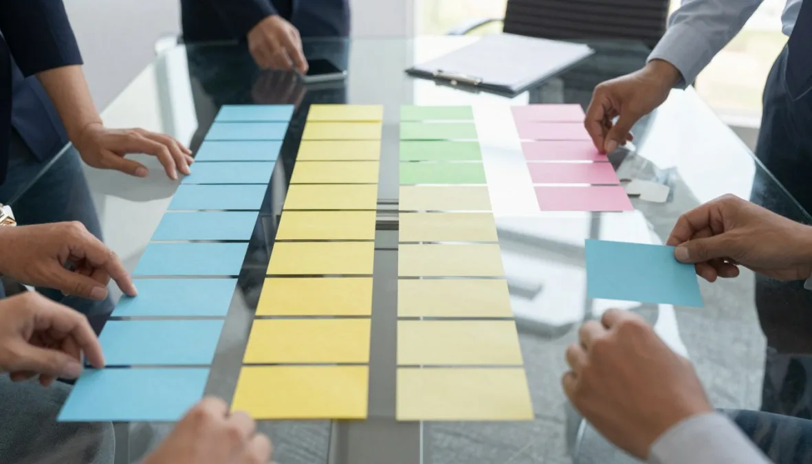 A team organizing task cards on a physical glass partition in an office A team organizing task cards on a physical glass partition in an office