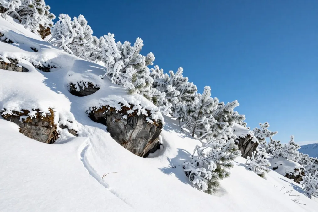 A tranquil snowy alpine slope showing rock crevices and winter shelter sites