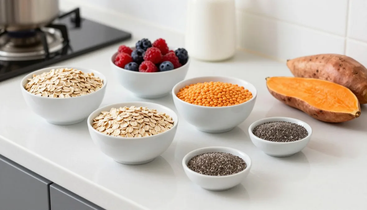 A variety of colorful high fiber foods arranged neatly on a kitchen counter