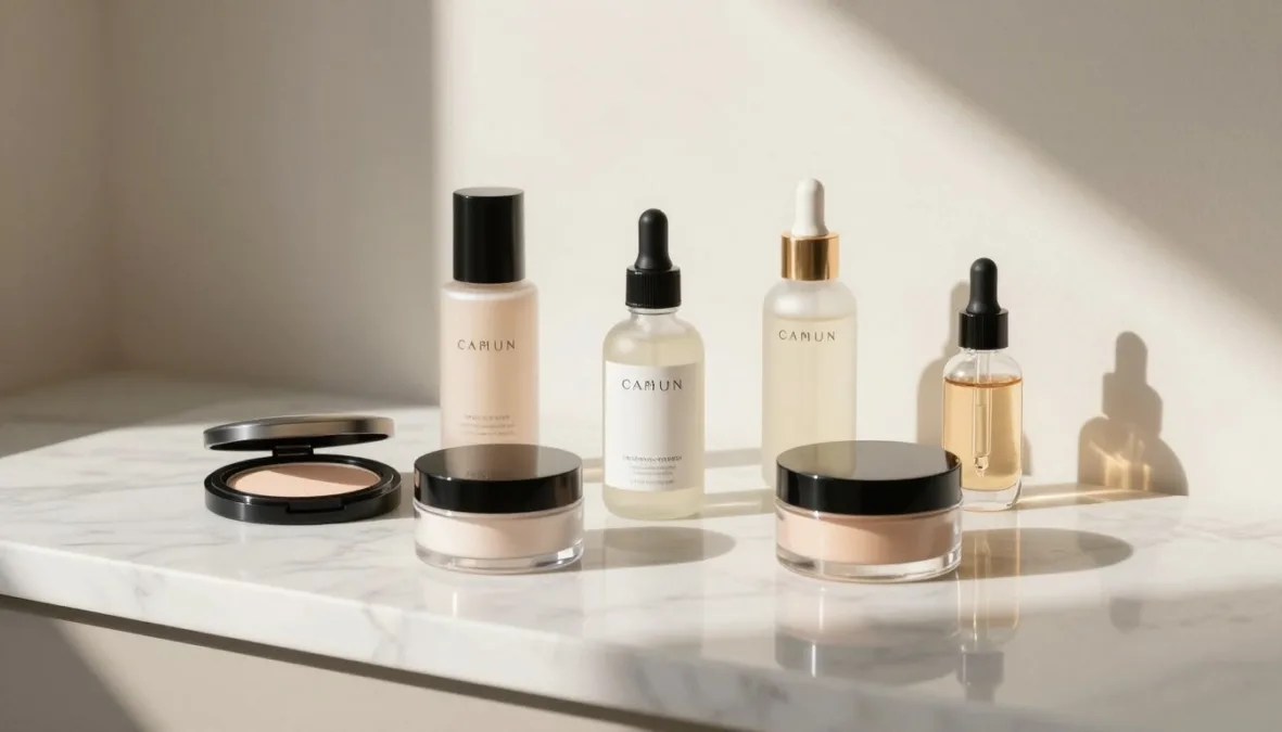 A variety of elegant cosmetic compacts, glass serum dropper bottles, and lip pigments arranged neatly on a stone vanity counter