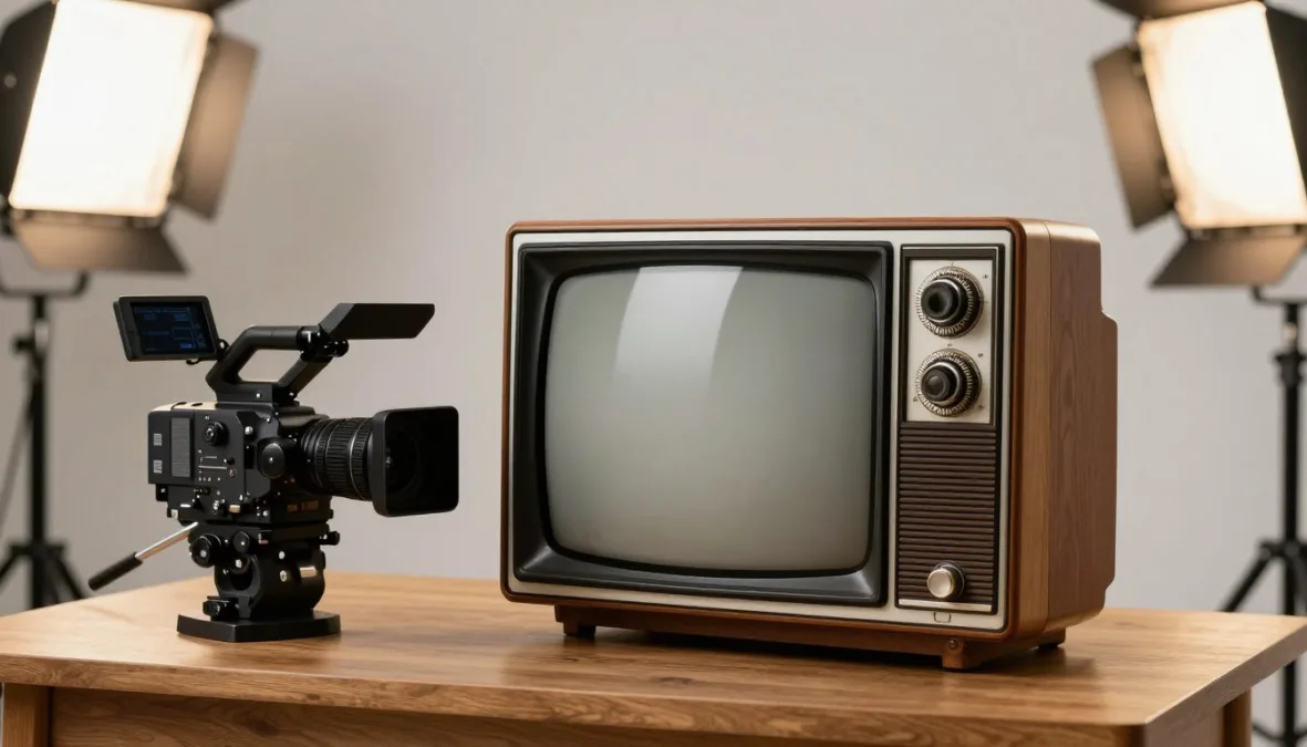 A vintage cathode-ray tube television sitting beside a modern digital video camera