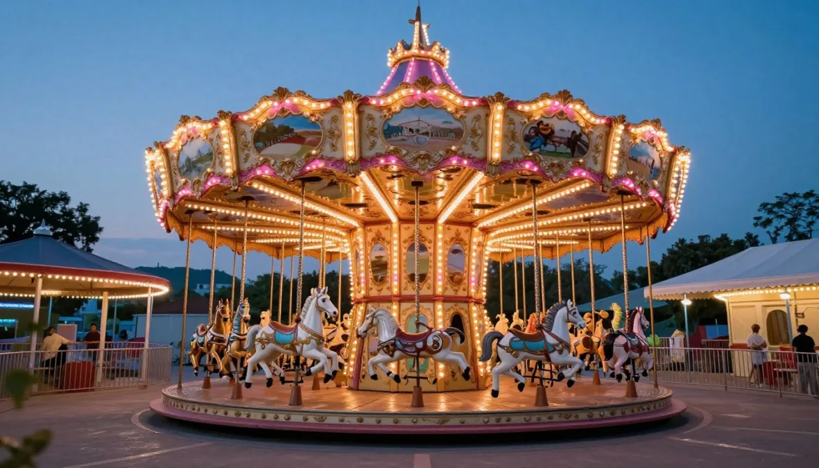 A vintage illuminated carousel with horses in an empty amusement park