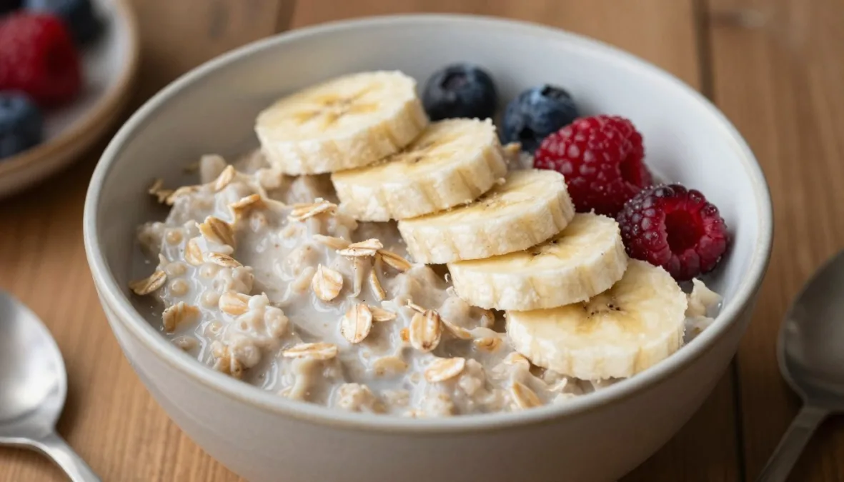 A warm bowl of cooked oatmeal with soft sliced fruit A warm bowl of cooked oatmeal with soft sliced fruit