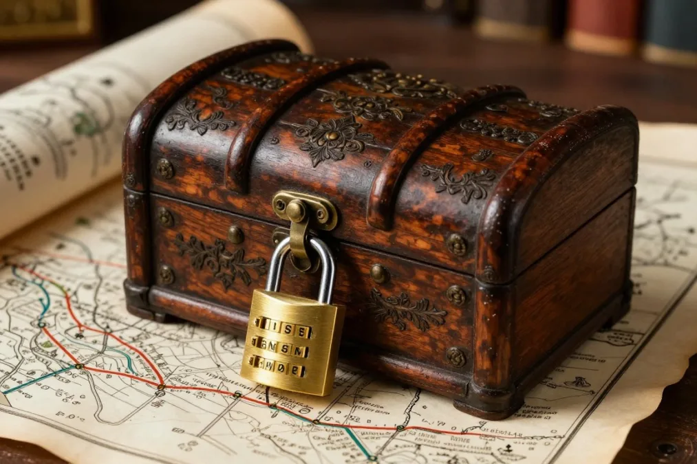 A wooden puzzle box with a brass combination lock beside a parchment clue A wooden puzzle box with a brass combination lock beside a parchment clue