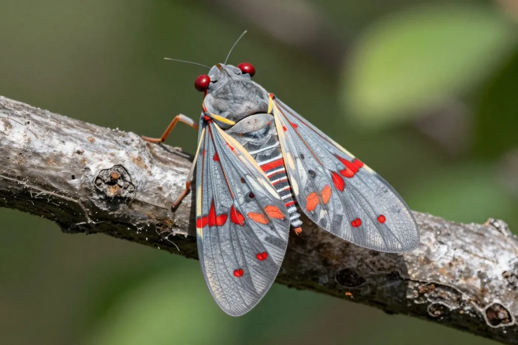 Adult spotted lanternfly with open wings showing red underwings perched on tree bark