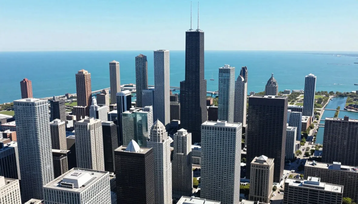 Aerial perspective of the Chicago downtown skyline along the river and lakefront