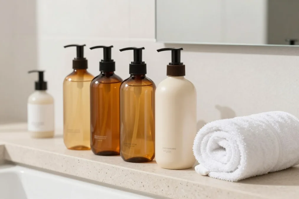 Amber pump bottles and jars of scalp and curl hair treatments on a stone shelf beside a woven towel Amber pump bottles and jars of scalp and curl hair treatments on a stone shelf beside a woven towel