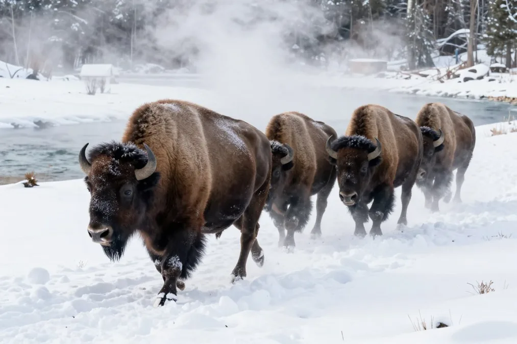 American bison walking through snow along a cold river basin in winter
