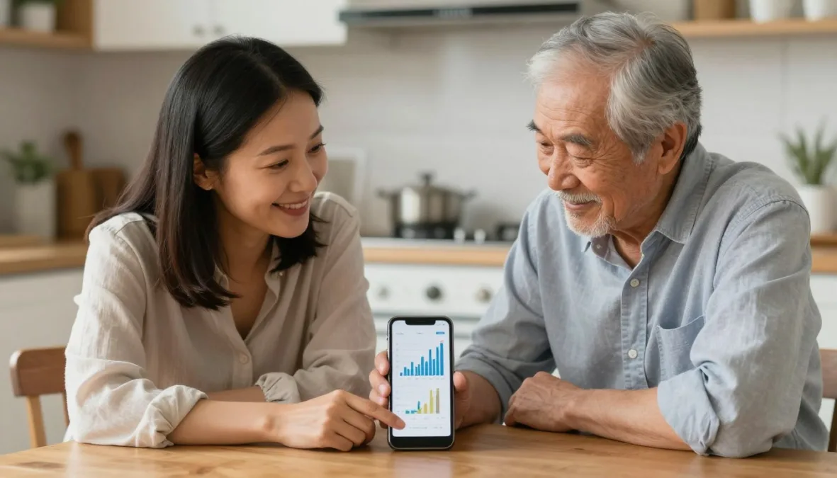 An adult daughter and her aging father reviewing health metrics together on a smartphone app An adult daughter and her aging father reviewing health metrics together on a smartphone app