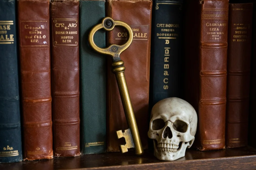 An antique brass key and a miniature skull nestled among book shelves An antique brass key and a miniature skull nestled among book shelves