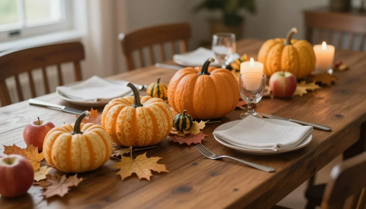 An autumnal wooden dinner table laden with harvest vegetables, apples, and rustic pottery An autumnal wooden dinner table laden with harvest vegetables, apples, and rustic pottery