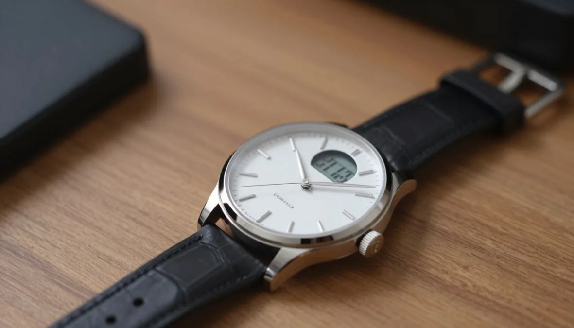 An elegant hybrid smartwatch with physical analog hands and a small digital screen on a wooden desk An elegant hybrid smartwatch with physical analog hands and a small digital screen on a wooden desk