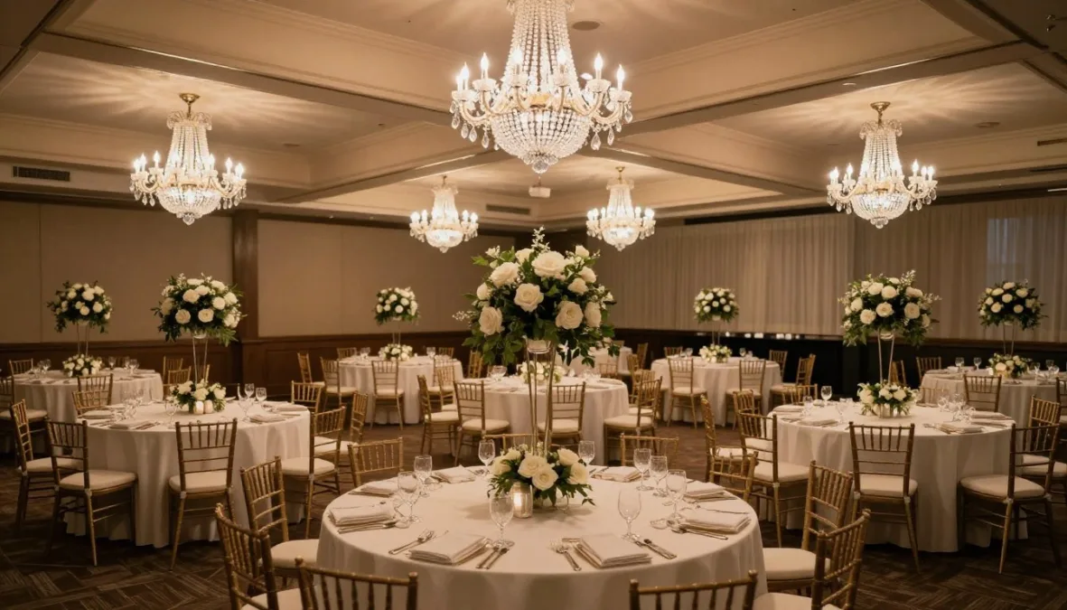 An elegantly decorated wedding banquet hall with chandeliers and white table settings