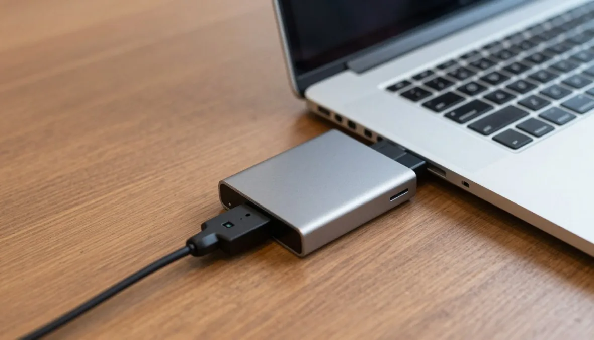 An external storage drive connected to a laptop on a solid wooden surface An external storage drive connected to a laptop on a solid wooden surface