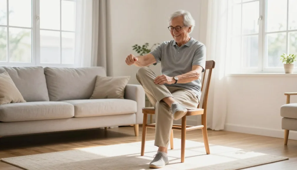 An older adult practicing seated chair exercises with upright posture in a bright living room