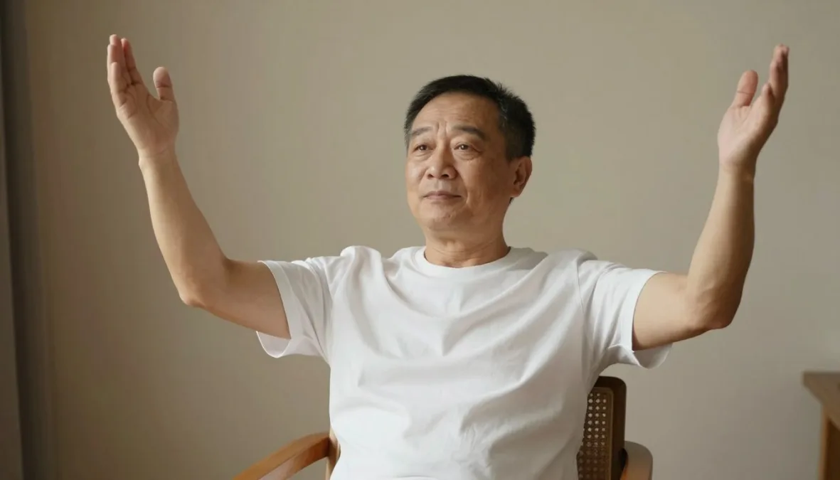 An older adult raising both arms overhead while seated comfortably on a chair An older adult raising both arms overhead while seated comfortably on a chair