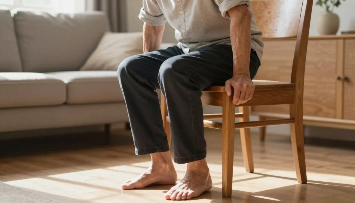 An older adult rising from a sturdy chair into a standing position An older adult rising from a sturdy chair into a standing position