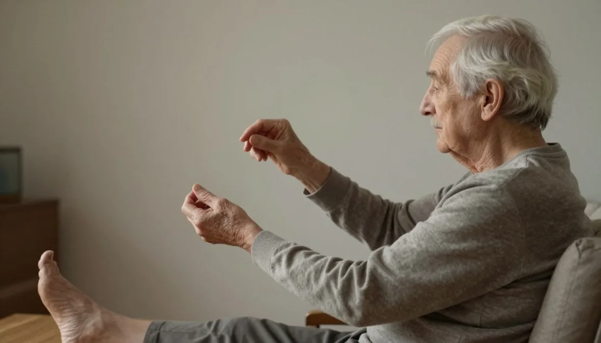 An older adult rotating an ankle with the foot elevated above the floor An older adult rotating an ankle with the foot elevated above the floor
