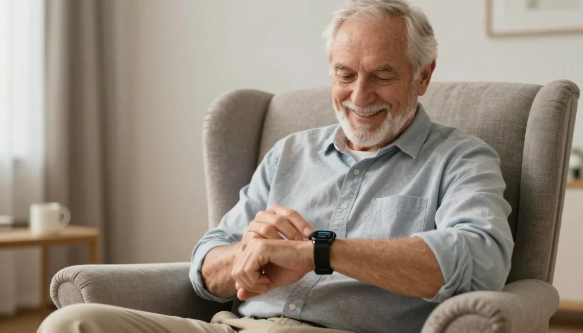 An older gentleman sitting in an armchair smiling while checking his health metrics on his watch An older gentleman sitting in an armchair smiling while checking his health metrics on his watch