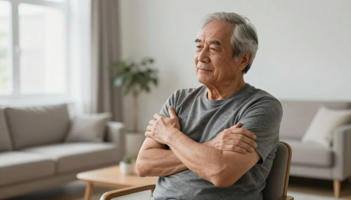An older man gently turning his torso to the side while seated on a sturdy chair An older man gently turning his torso to the side while seated on a sturdy chair
