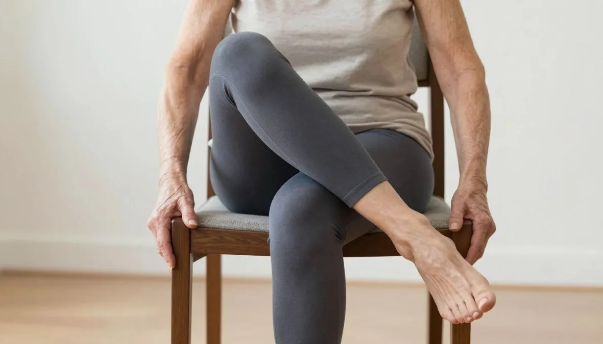 An older woman extending one leg straight forward while seated in a chair An older woman extending one leg straight forward while seated in a chair