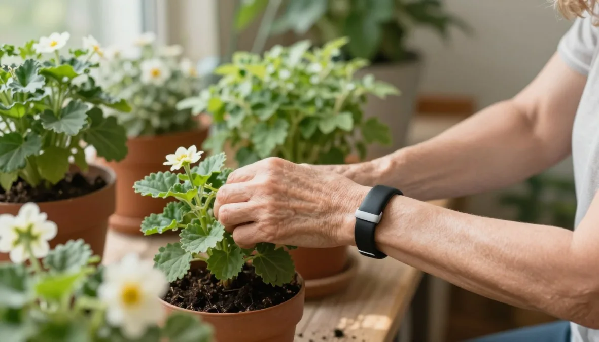 An older woman wearing a slender black fitness wristband while gardening outdoors An older woman wearing a slender black fitness wristband while gardening outdoors